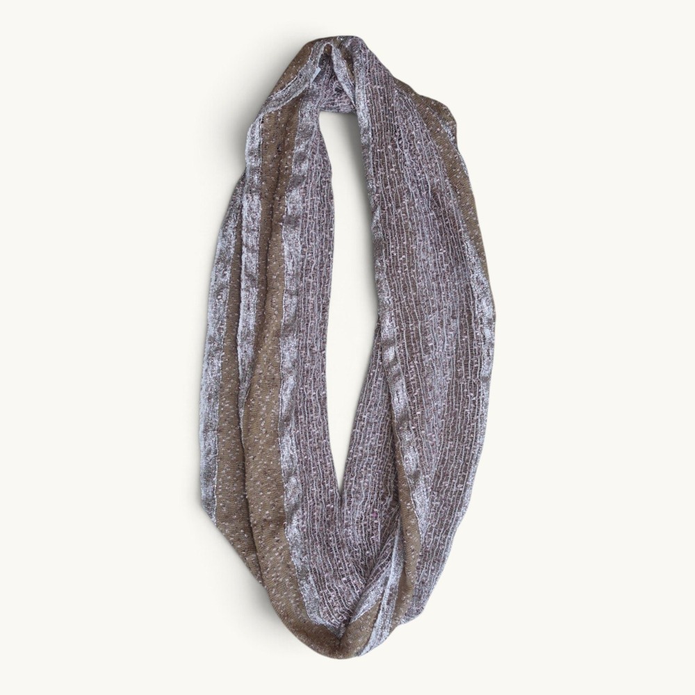 D&Y Metallic Open Knit Infinity Scarf Mauve Taupe Silver Lightweight Y2K
